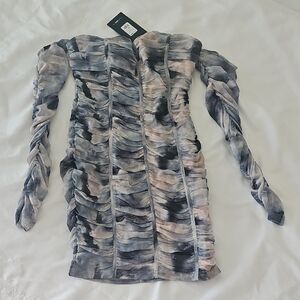 NWT Fashion Nova Ruched Long-Sleeve Mini Dress in Blue-Grey and Blush